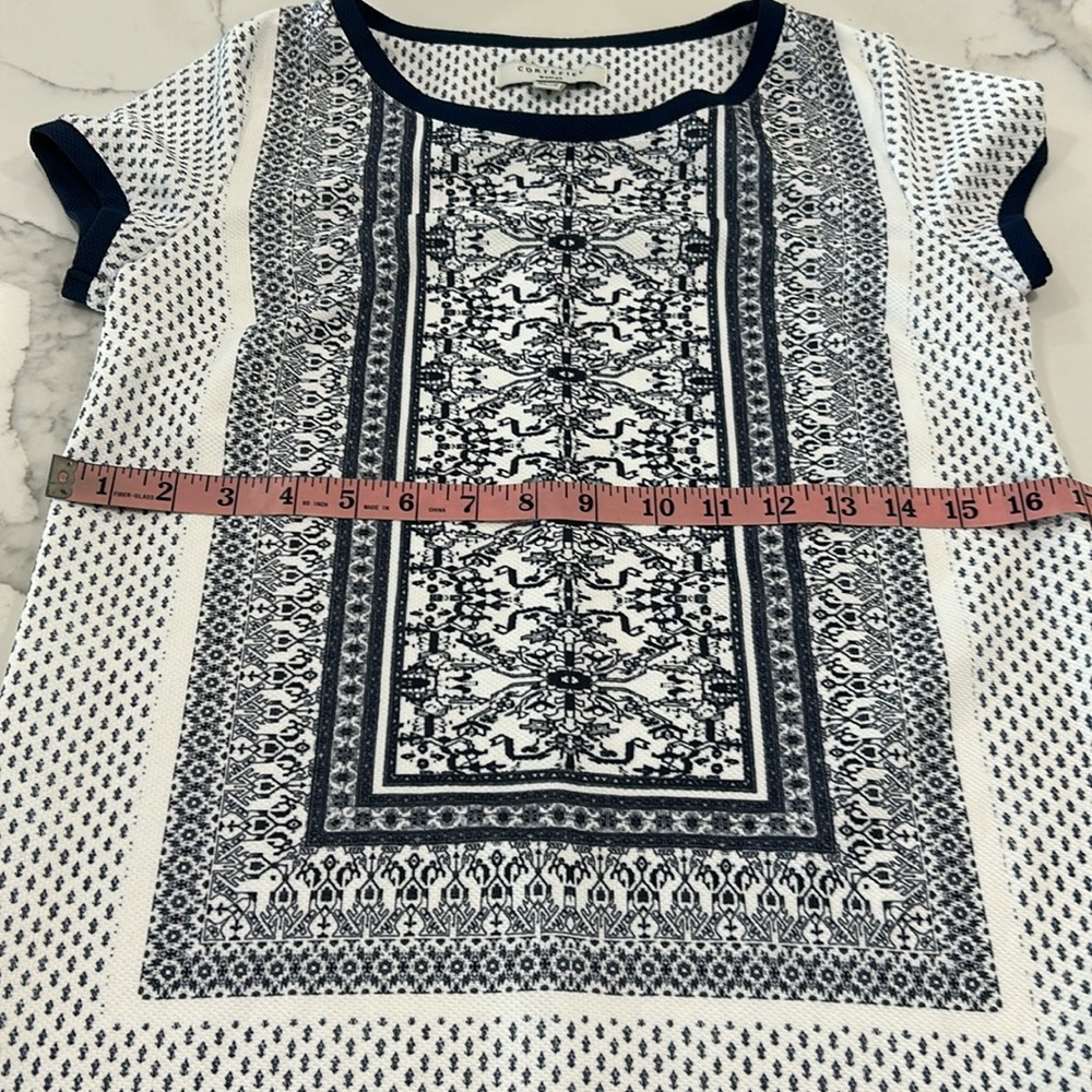 Cortefiel Short Sleeve  Knit Mini.‎ Beautiful Blue Print    On Dress. Size UK6 - Picture 9 of 11